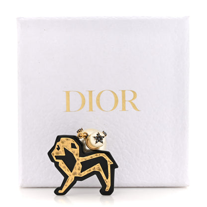 Christian Dior Crystal Pearl Tribales Lion Charm Earring Aged Gold Black 6 of 6