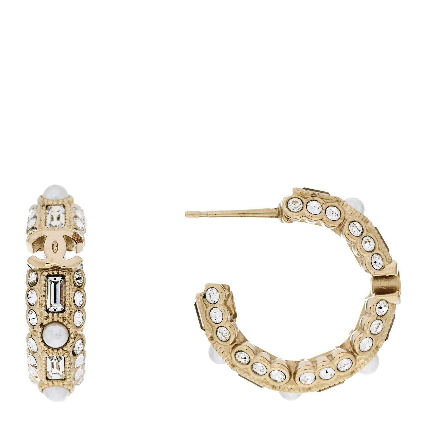 Chanel Metal Crystal Pearl CC Hoop Earrings Gold 1 of 5