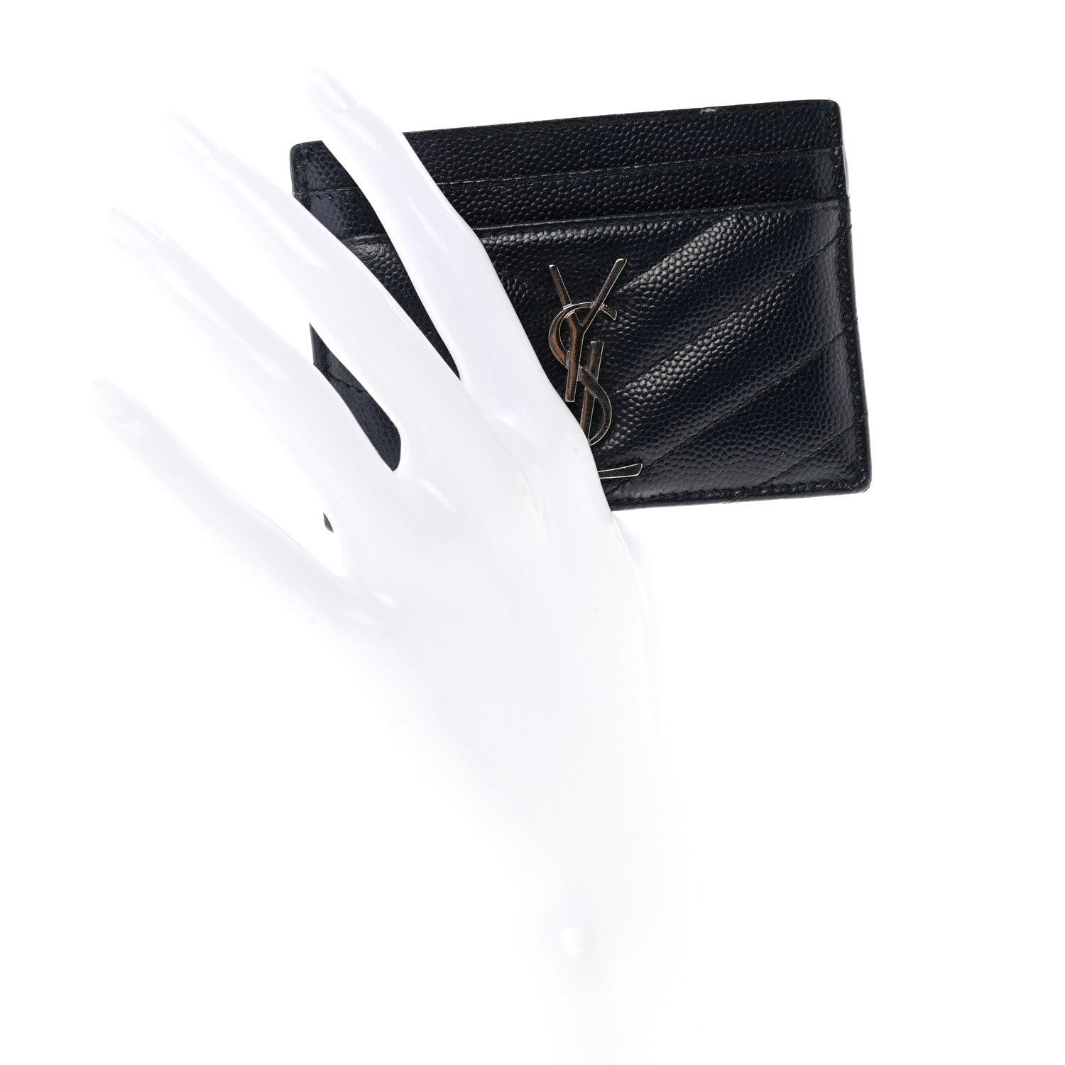 Saint Laurent Grain De Poudre Matelasse Chevron Monogram Credit Card Case Navy 2 of 7