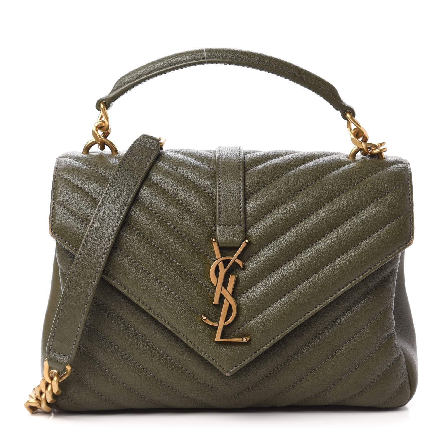 Saint Laurent Sheepskin Matelasse Chevron Monogram Medium College Bag Military Green 1 of 9