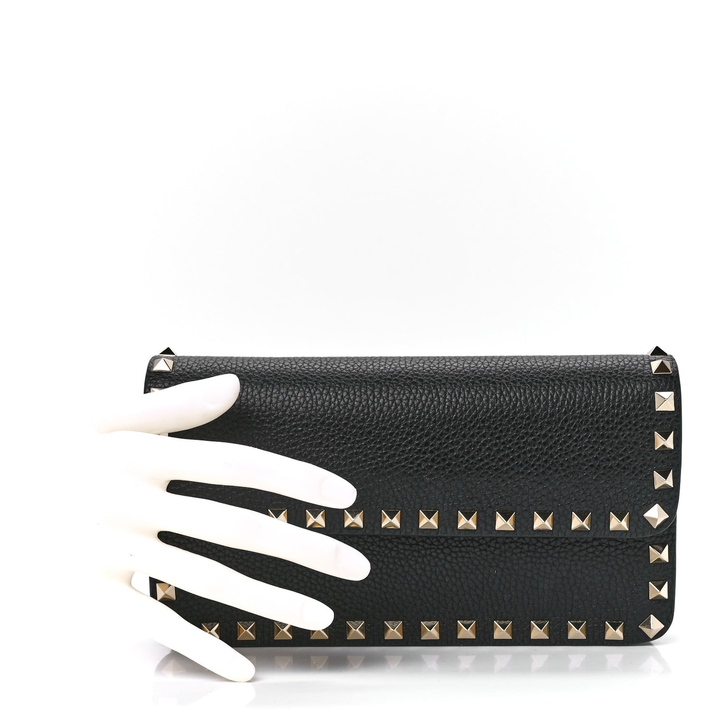 Pebbled Calfskin Rockstud Flap Wallet On Chain Black