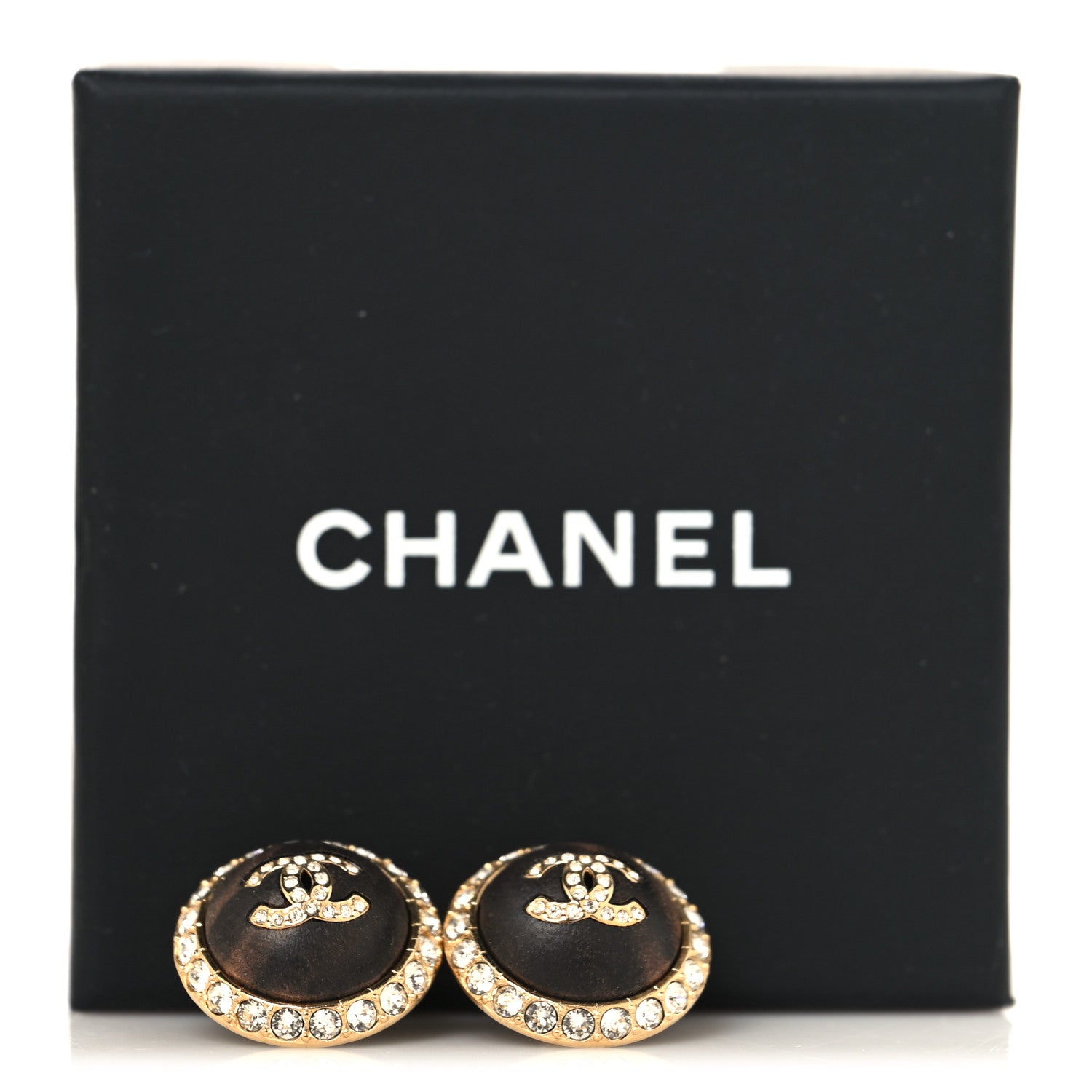 Chanel Metal Wood Crystal CC Round Earrings Gold Brown 5 of 5