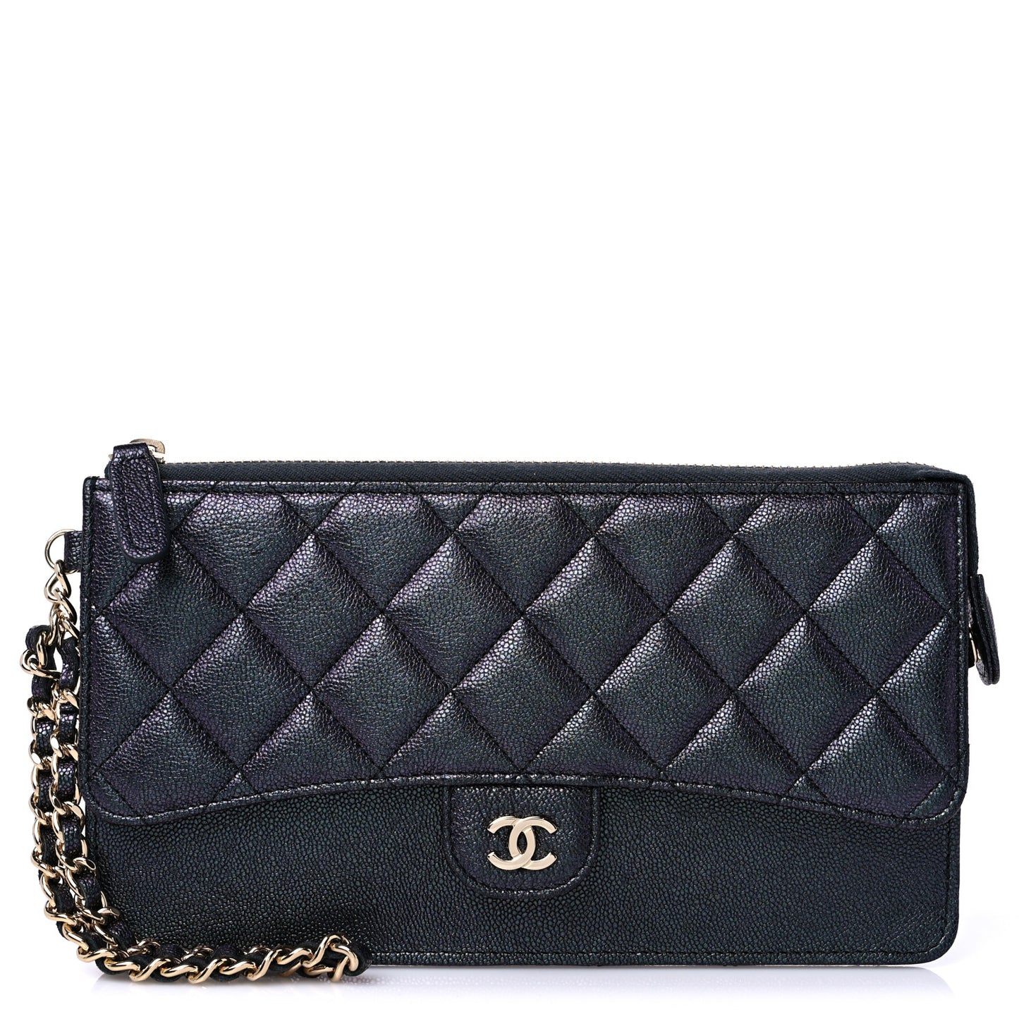 Iridescent Caviar Quilted Classic Pouch With Handle Black