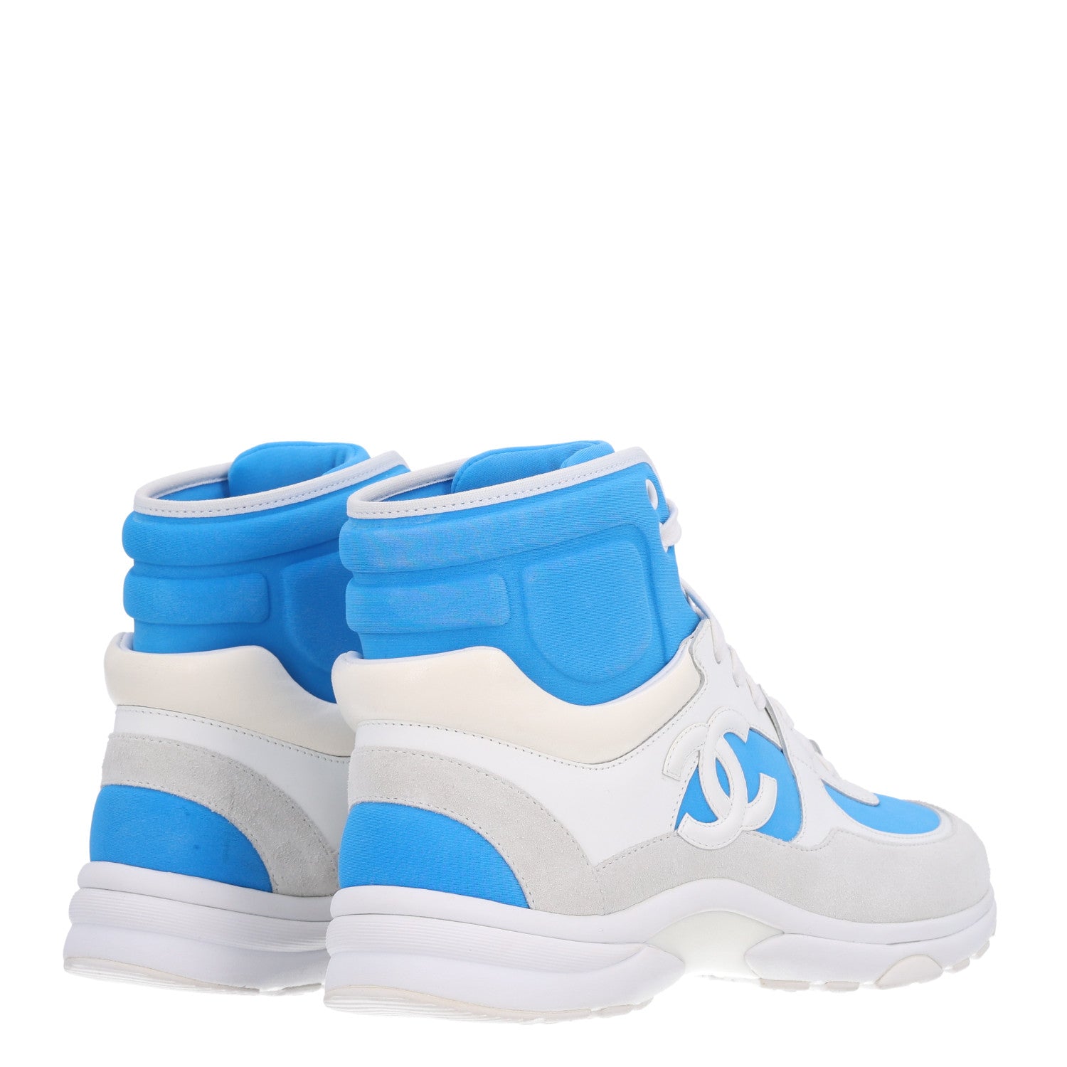 Chanel Suede Calfskin Lambskin High Top CC Sneakers 37.5 White Blue 5 of 11