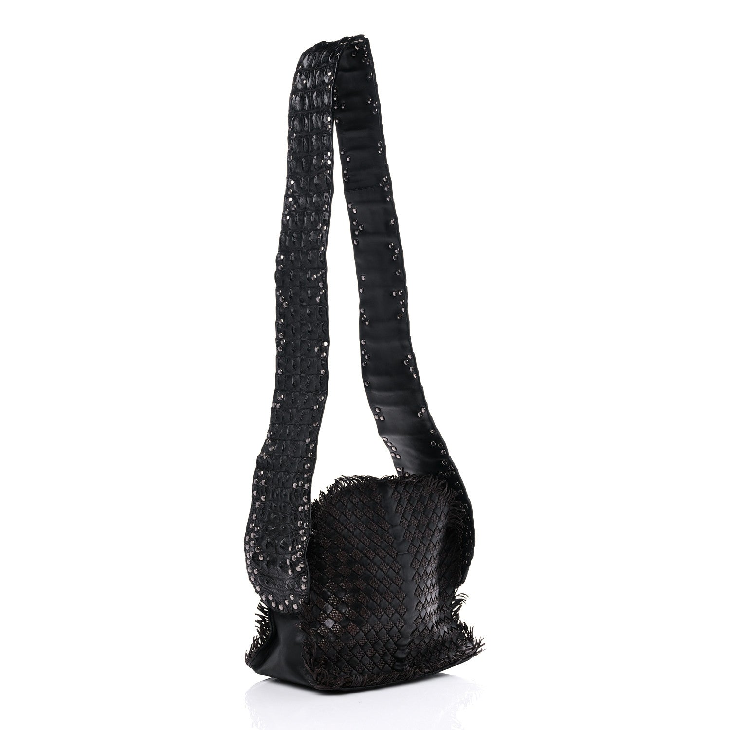Bottega Veneta Nappa Intrecciato Alligator Fringe Shoulder Bag Black 3 of 12