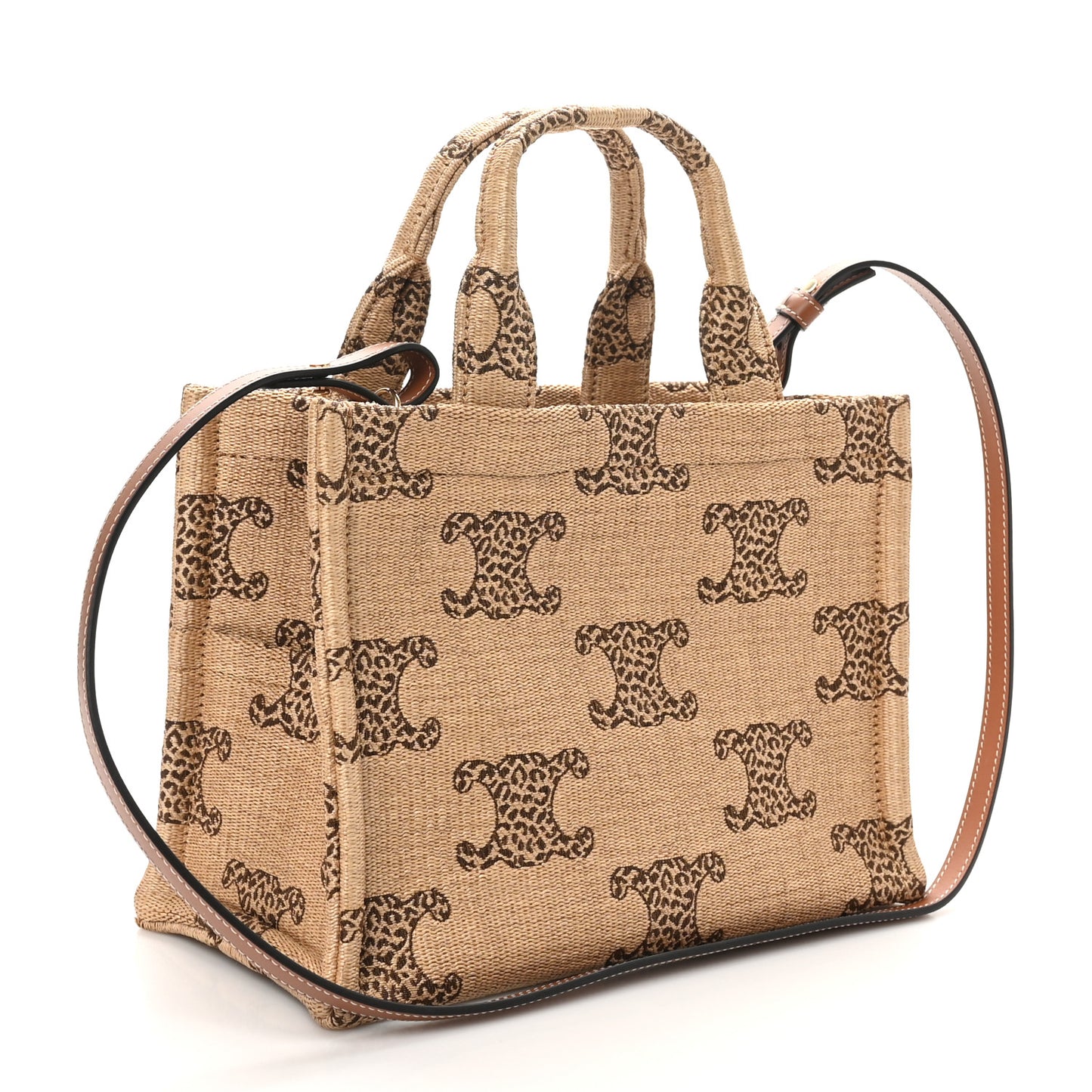 Raffia Effect Leopard Calfskin Triomphe Small Cabas Thais Natural Tan