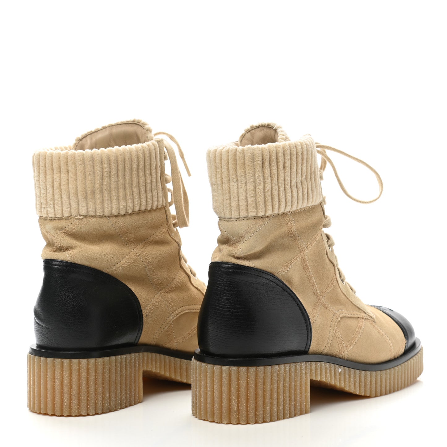 Suede Calfskin Velvet Quilted CC Combat Boots 38 Beige Black