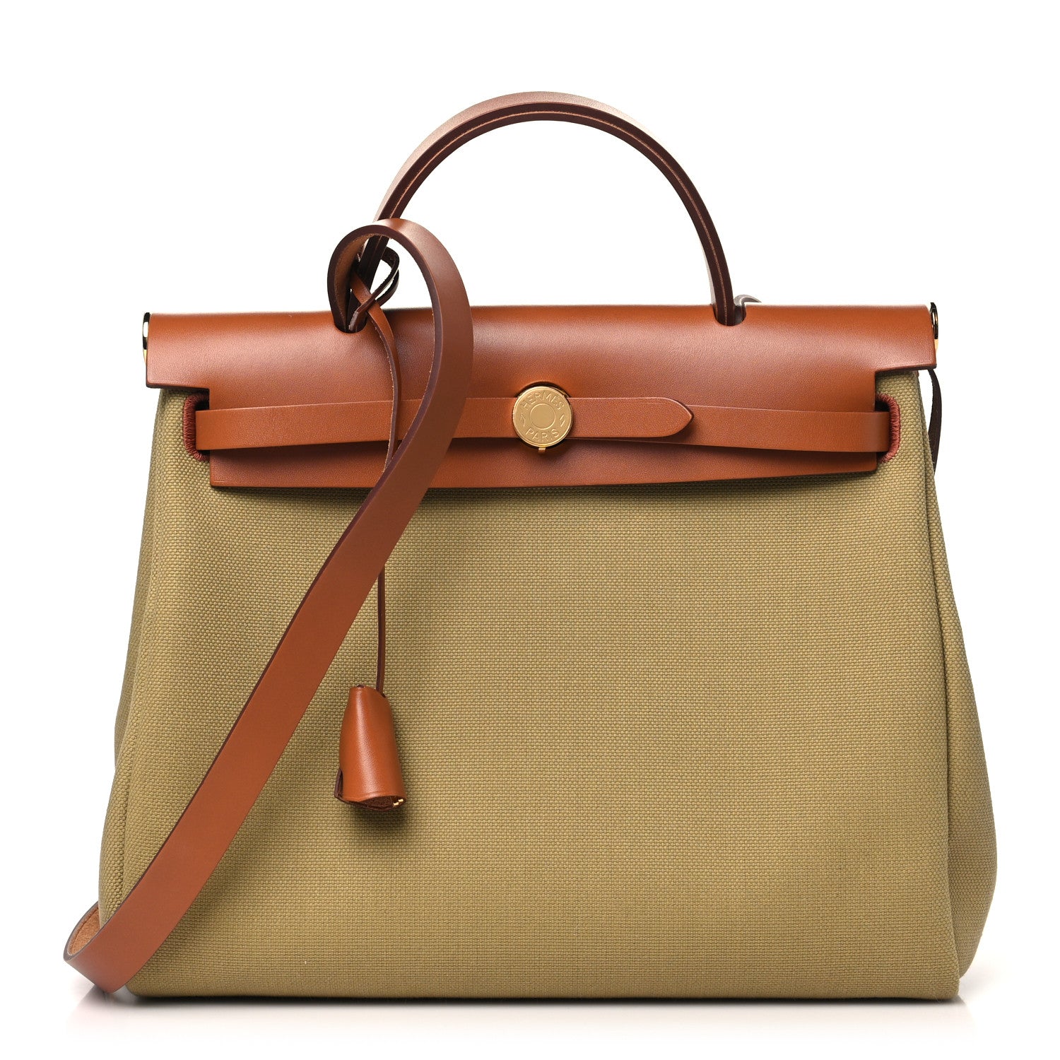 Hermes Military Toile Vache Hunter Herbag Zip Retourne 31 PM Poussiere Fauve 1 of 12