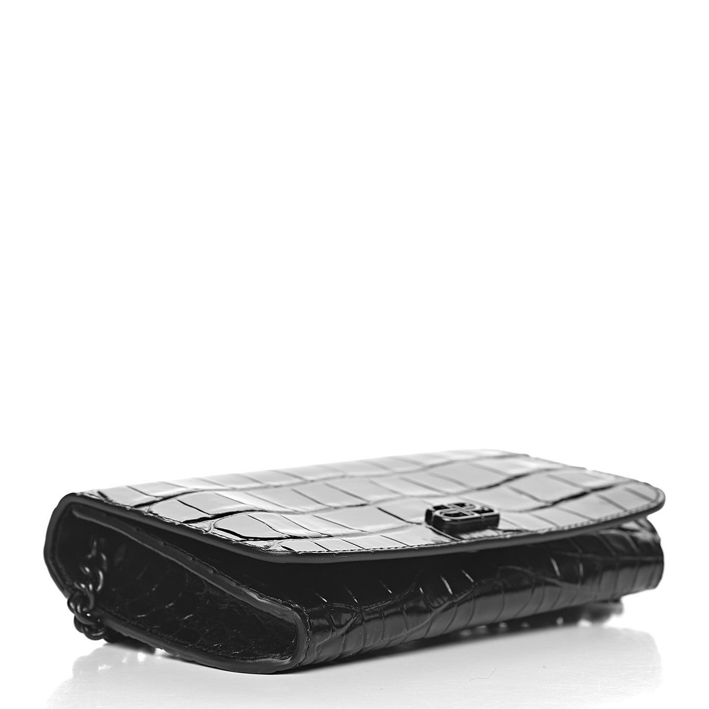 Shiny Calfskin Crocodile Embossed BB Phone Holder Wallet On Chain Black