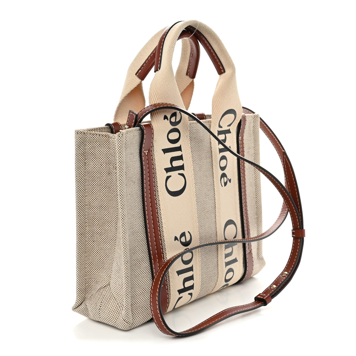 Chloe Cotton Calfskin Small Woody Ribbon Tote With Strap White Brown 3 of 10