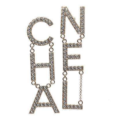 Chanel Crystal Cha-Nel Logo Drop Earrings Gold 1 of 4