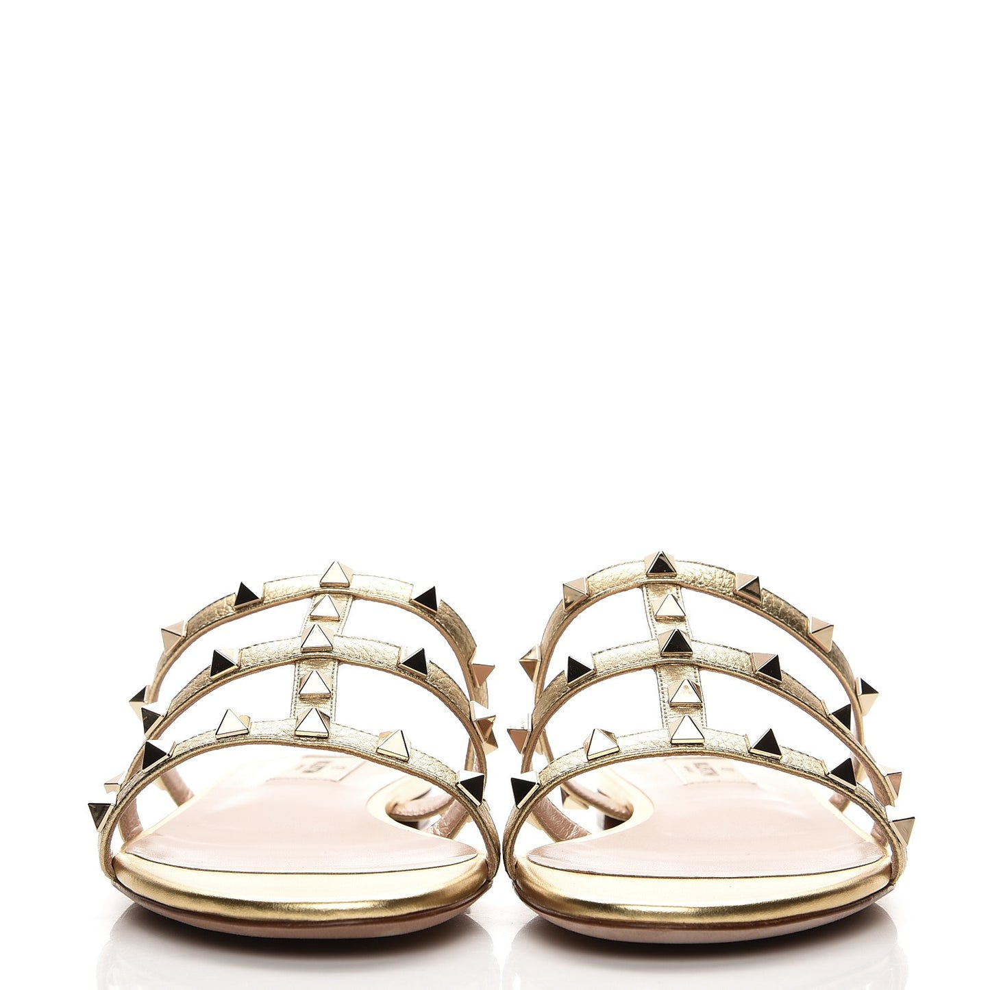 Metallic Grained Calfskin Rockstud Caged Flat Slide Sandals 39.5 Mekong