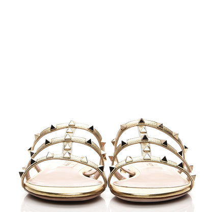 Valentino Garavani Metallic Grained Calfskin Rockstud Caged Flat Slide Sandals 39.5 Mekong 2 of 8