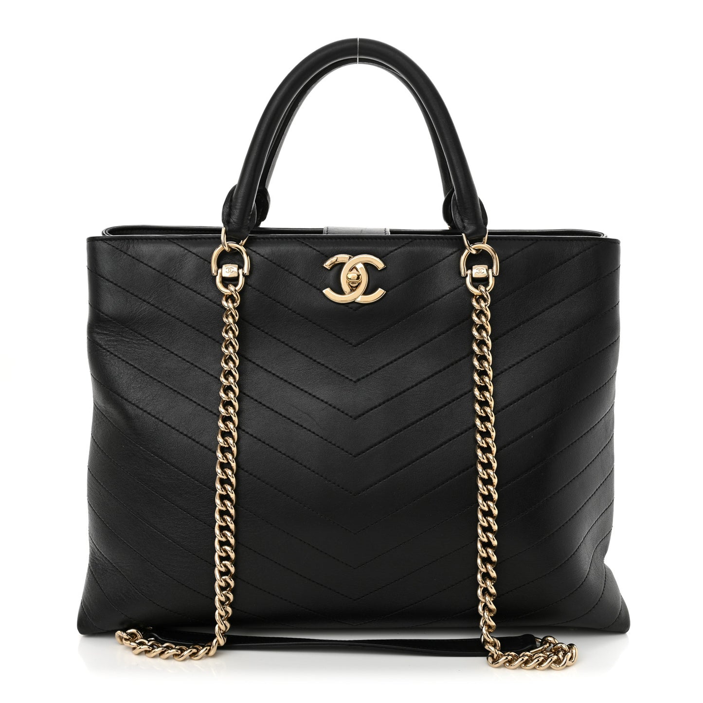Calfskin Chevron Quilted Large Shopping Tote  Black