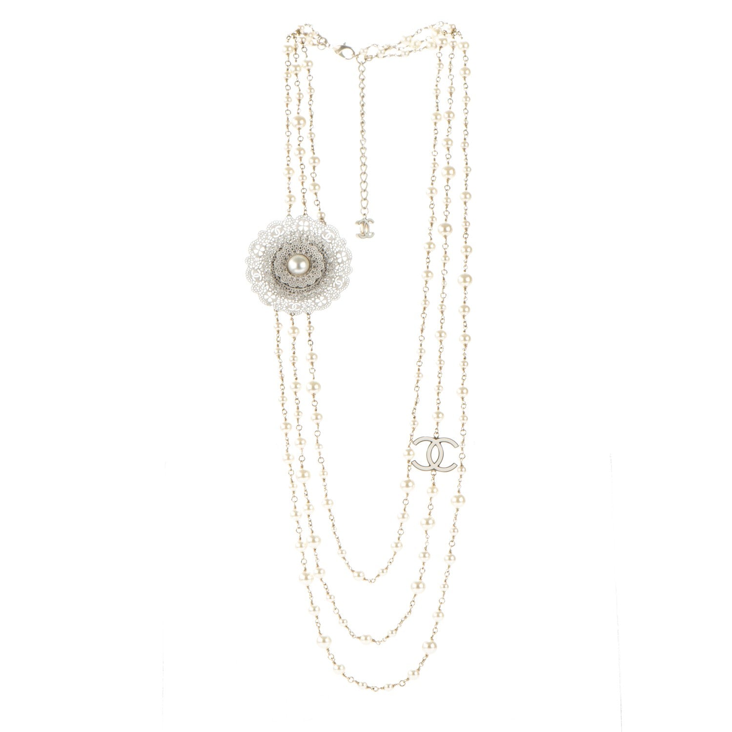 Chanel Pearl CC Triple Strand Long Necklace Gold Pearly White 3 of 6
