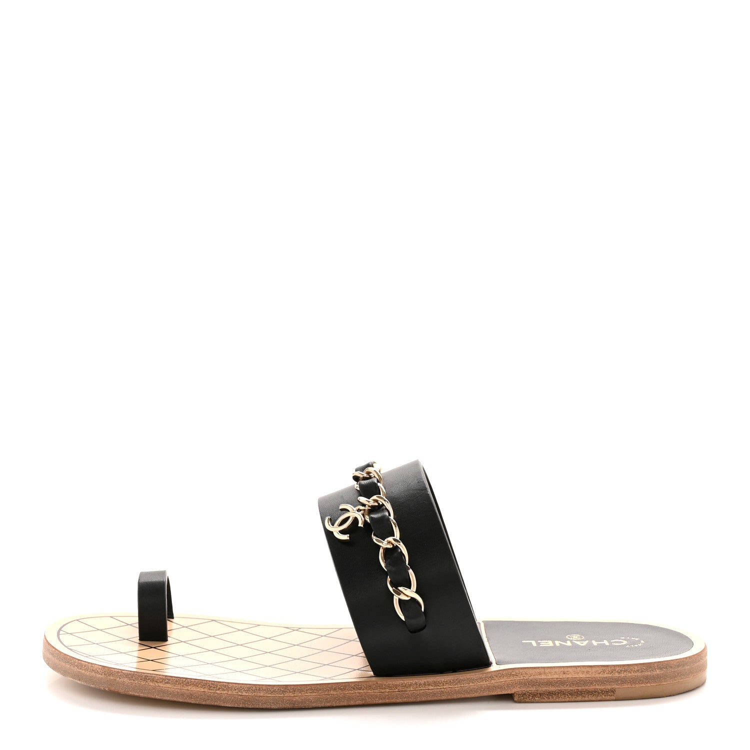 Chanel Calfskin Chain CC Logo Toe Ring Sandals 38.5 Black 1 of 9