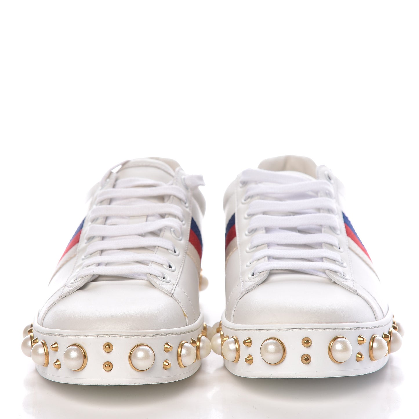Calfskin Ayers Web Pearl Studded Womens Ace Sneakers 40.5 White
