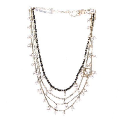 Chanel Pearl Crystal Lambskin CC Short Multi Strand Necklace Light Gold Black 3 of 5