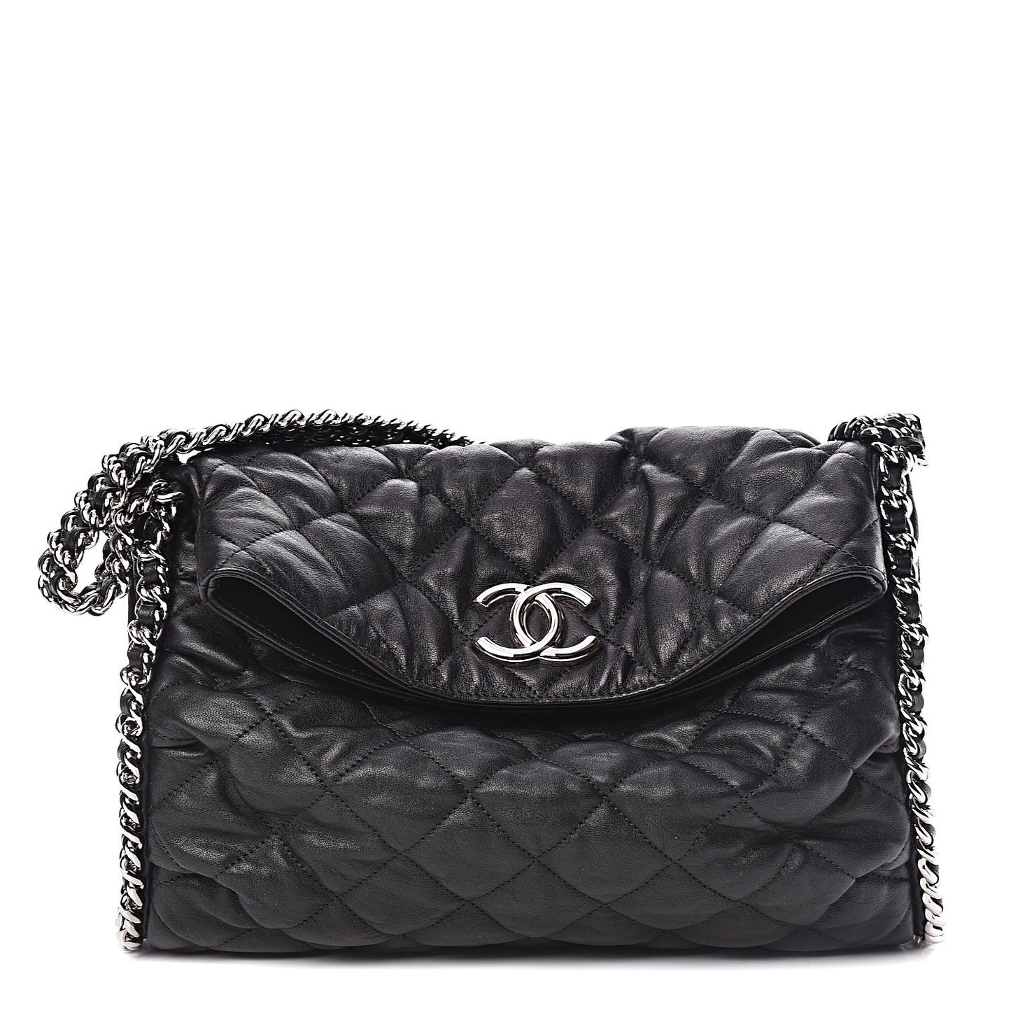 Washed Lambskin Chain Around Hobo Black
