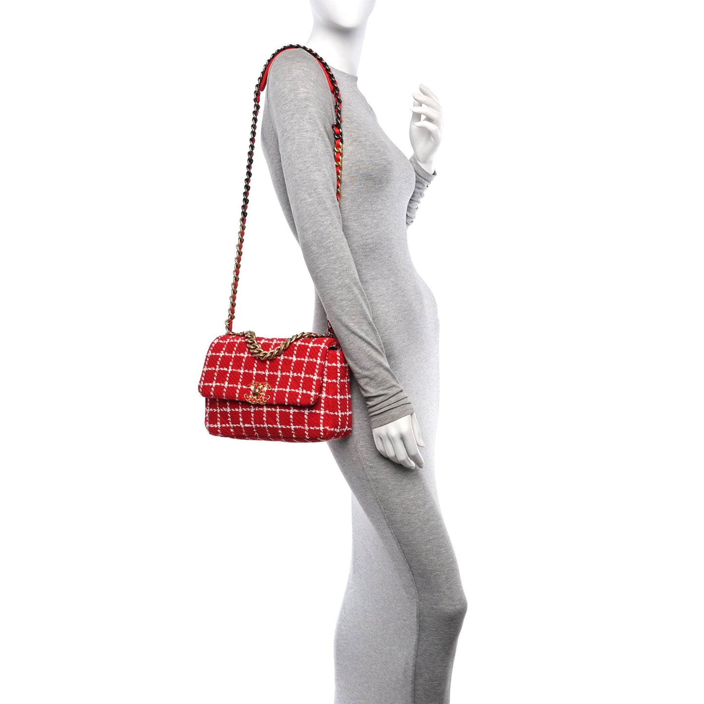 Tweed Quilted Medium Chanel 19 Flap Red White
