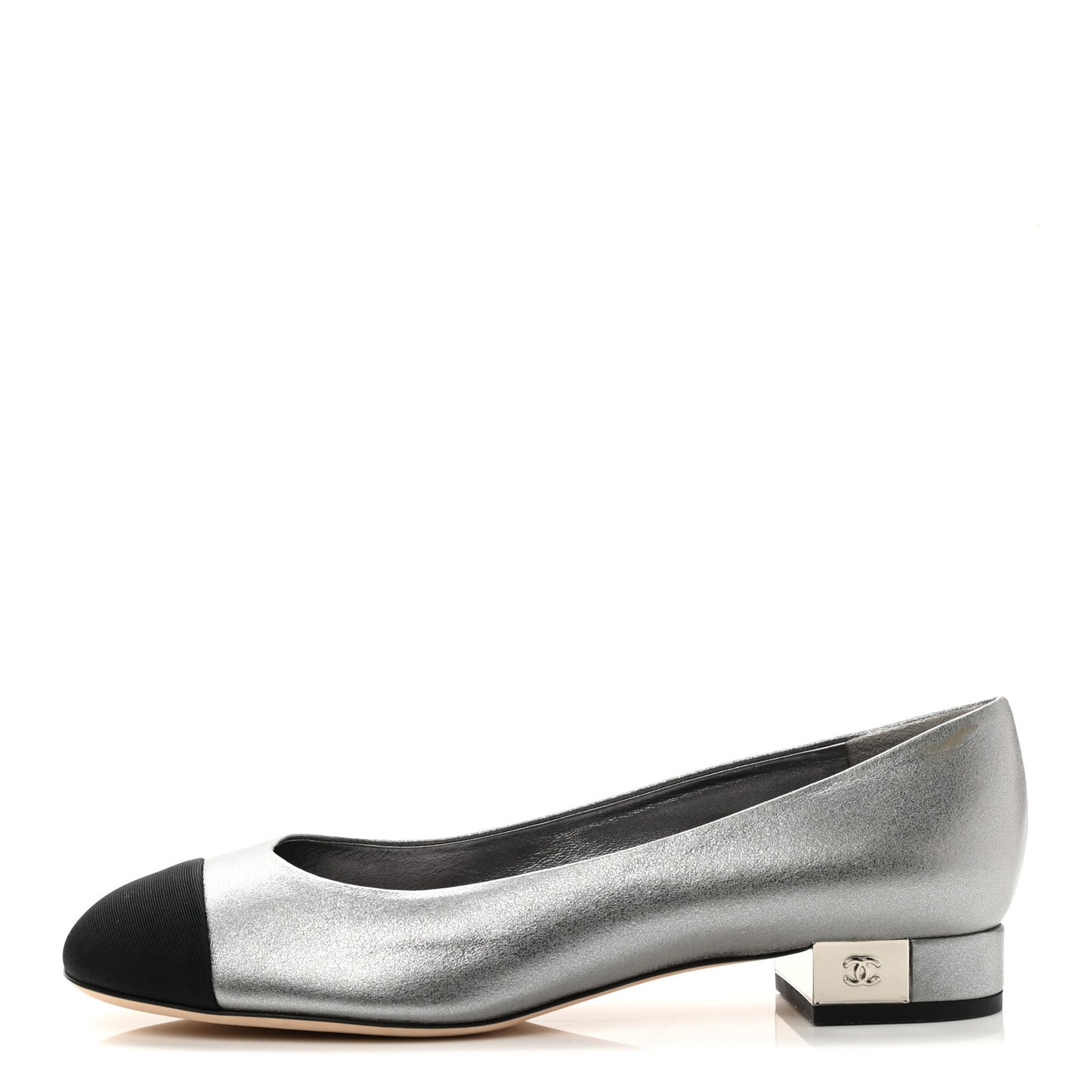 Metallic Calfskin Grosgrain Cap Toe CC Ballerina Flats 37 Silver Black