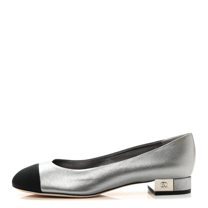 Chanel Metallic Calfskin Grosgrain Cap Toe CC Ballerina Flats 37 Silver Black 1 of 9