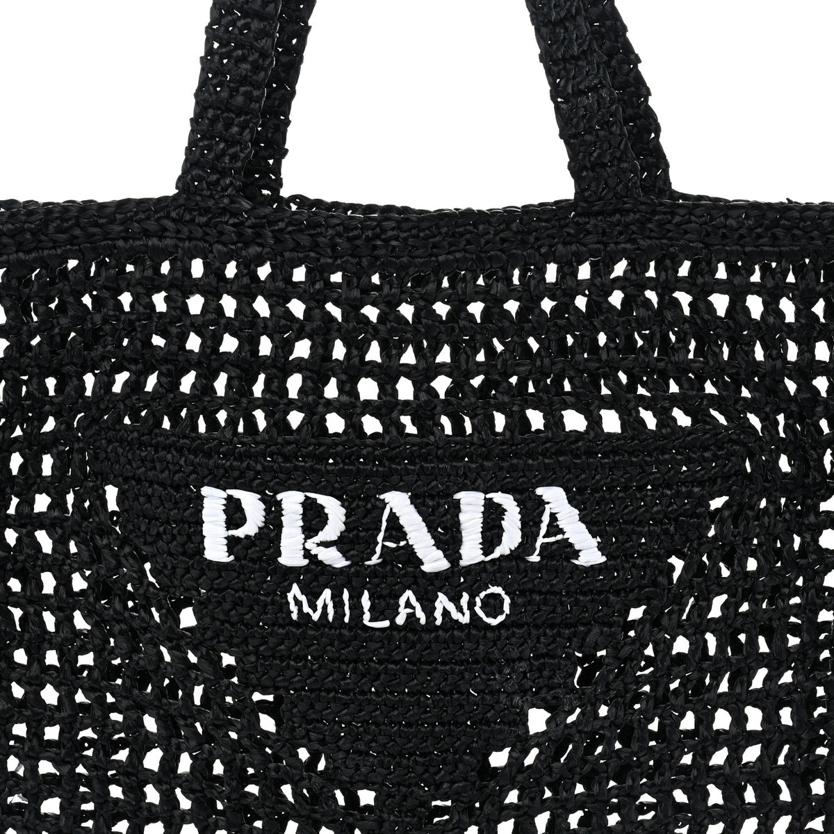 Yarn Raffia Effect Crochet Logo Embroidered Tote Bag Black