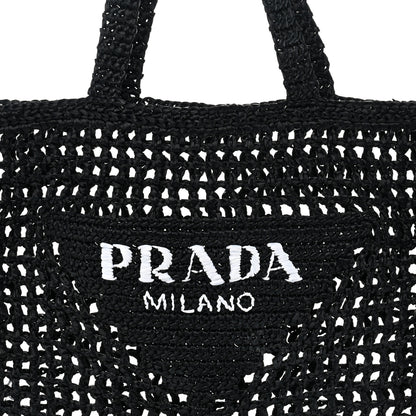 Prada Yarn Raffia Effect Crochet Logo Embroidered Tote Bag Black 7 of 9