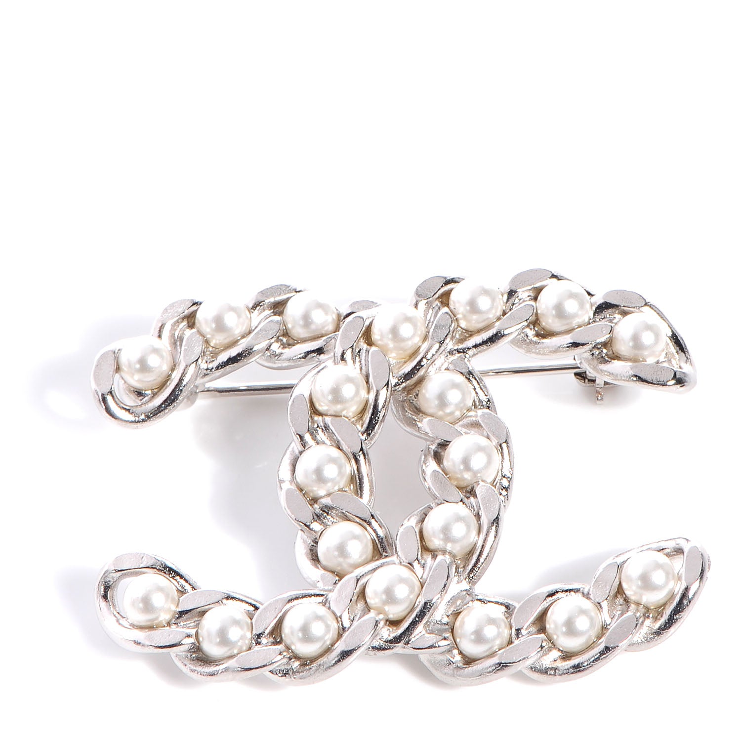 Chanel CC Pearl Chain Brooch Pin Silver 1 of 4