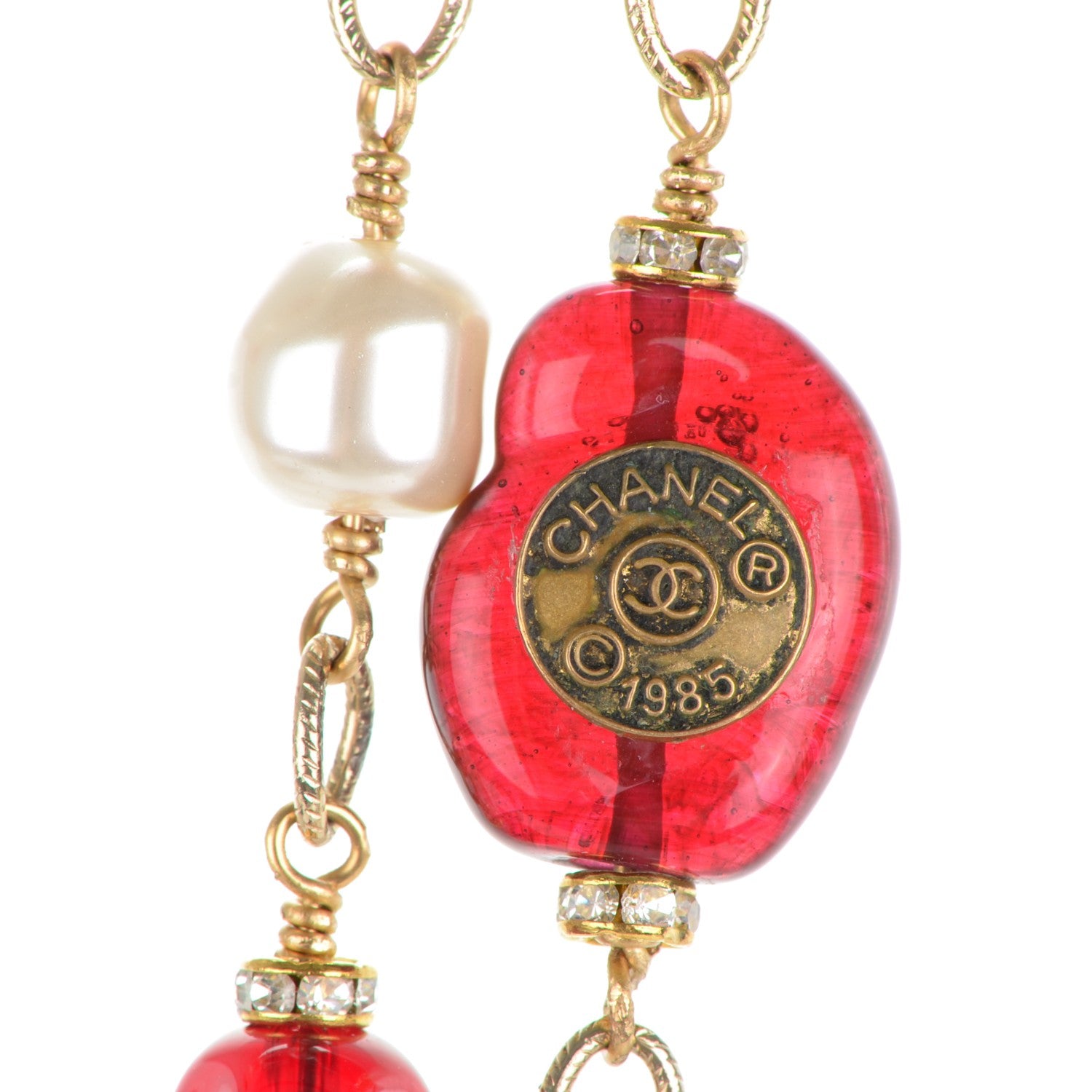 Chanel Gripoix Crystal Pearl Necklace Red Gold 3 of 5