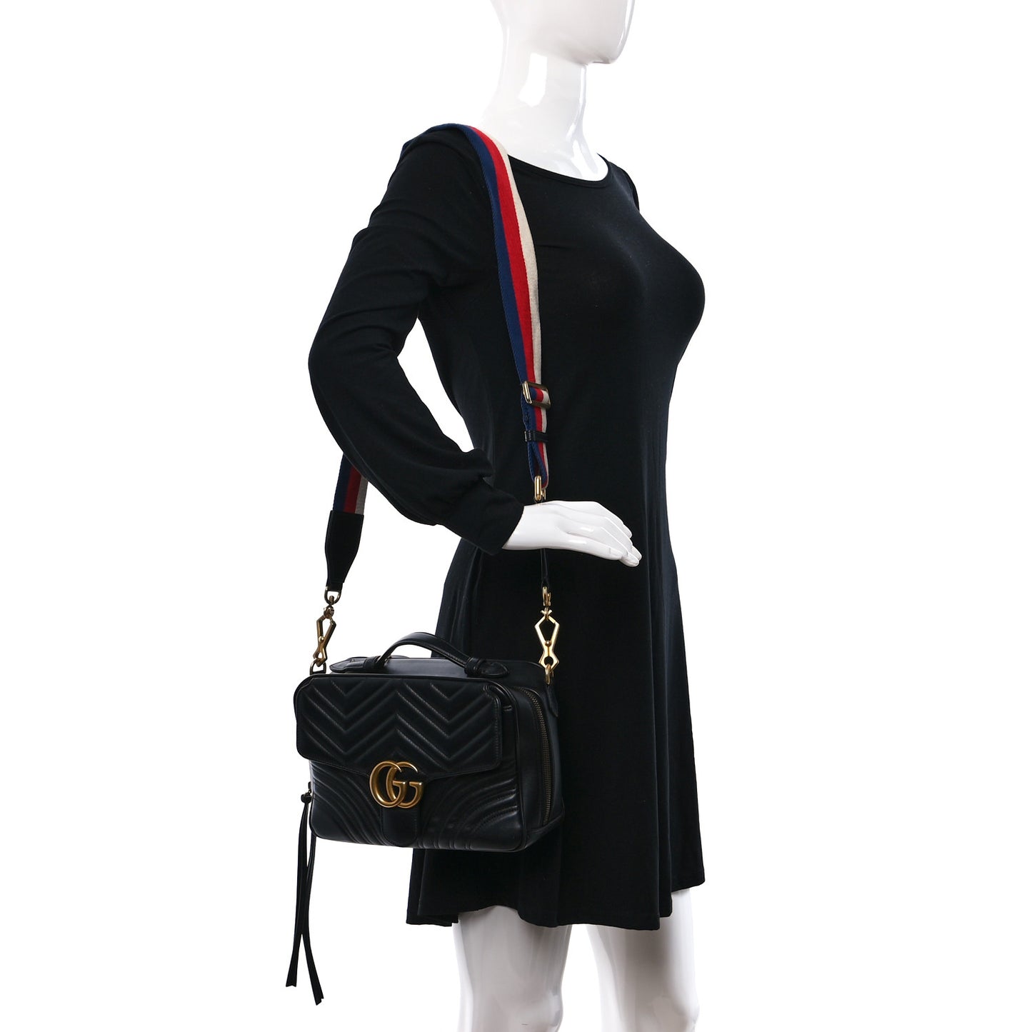 Calfskin Matelasse Sylvie Web Small GG Marmont Top Handle Shoulder Bag Black