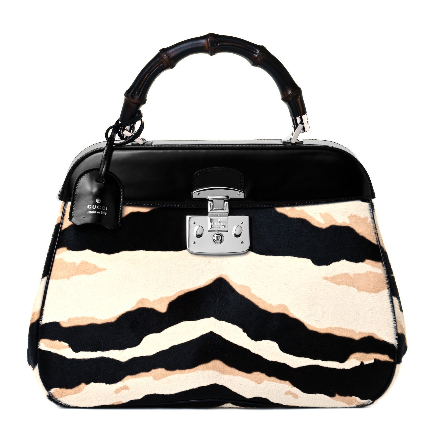 Gucci Calf Hair Zebra Print Bamboo Large Lady Lock Top Handle Bag Black White 1 of 9
