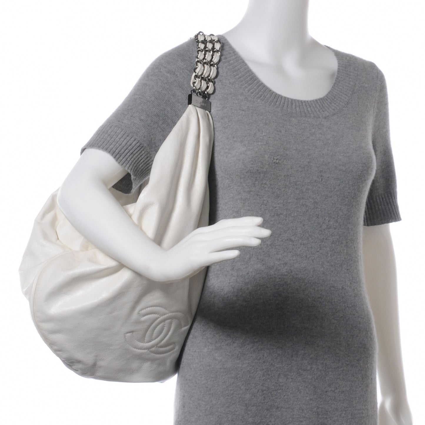 Lambskin Large Rock and Chain Hobo White