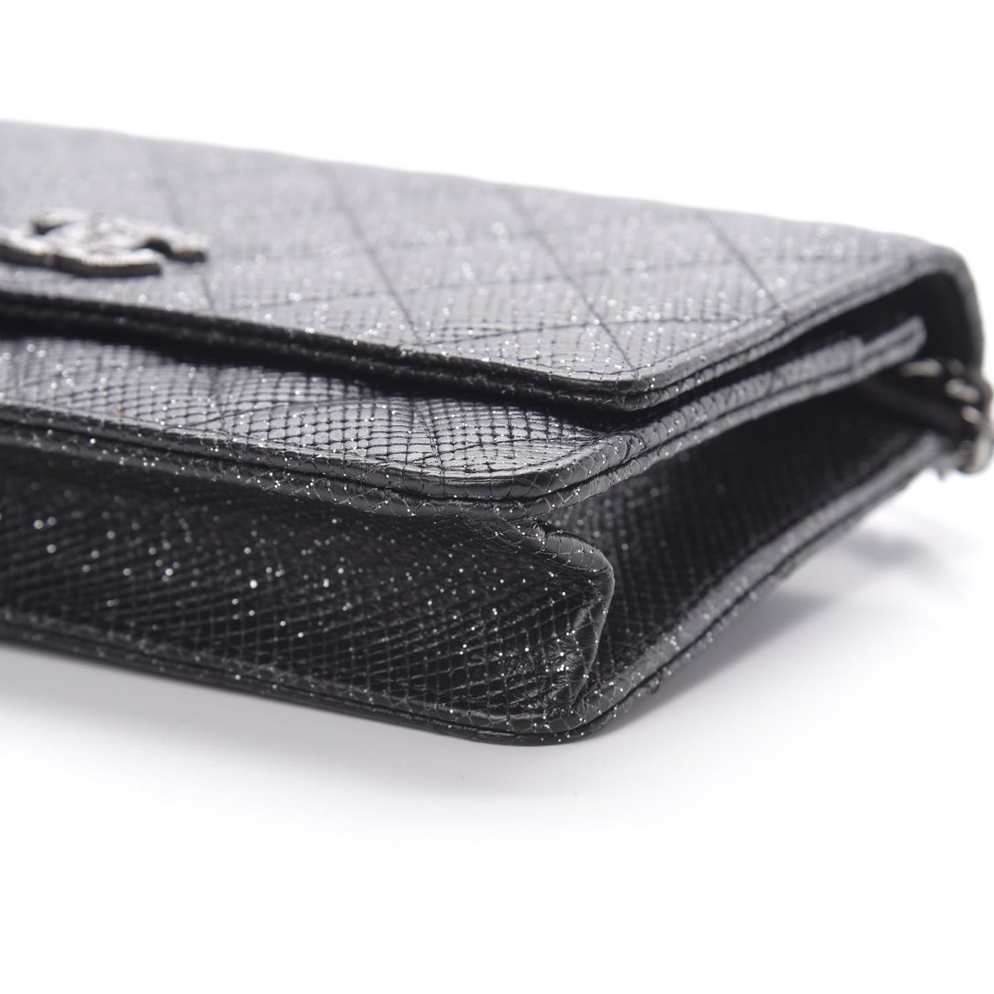 Glitter Calfskin Quilted Wallet on Chain WOC Black Silver