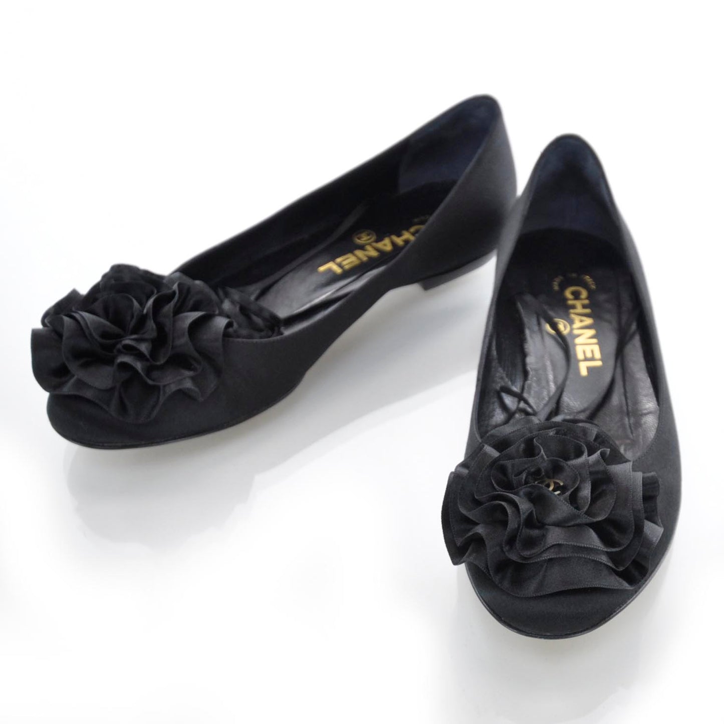 Satin Camellia Ballet Flats 36.5 Black
