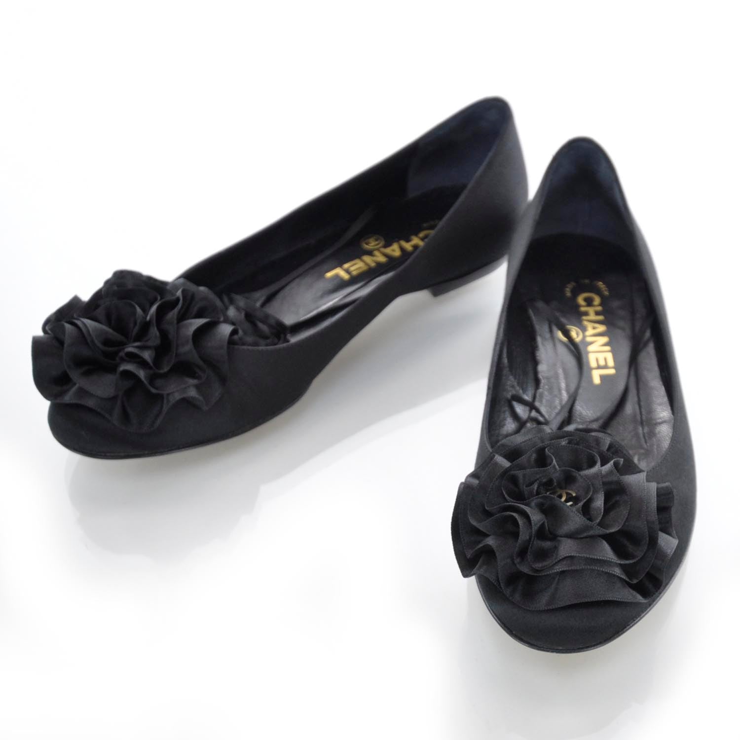 Chanel Satin Camellia Ballet Flats 36.5 Black 1 of 8