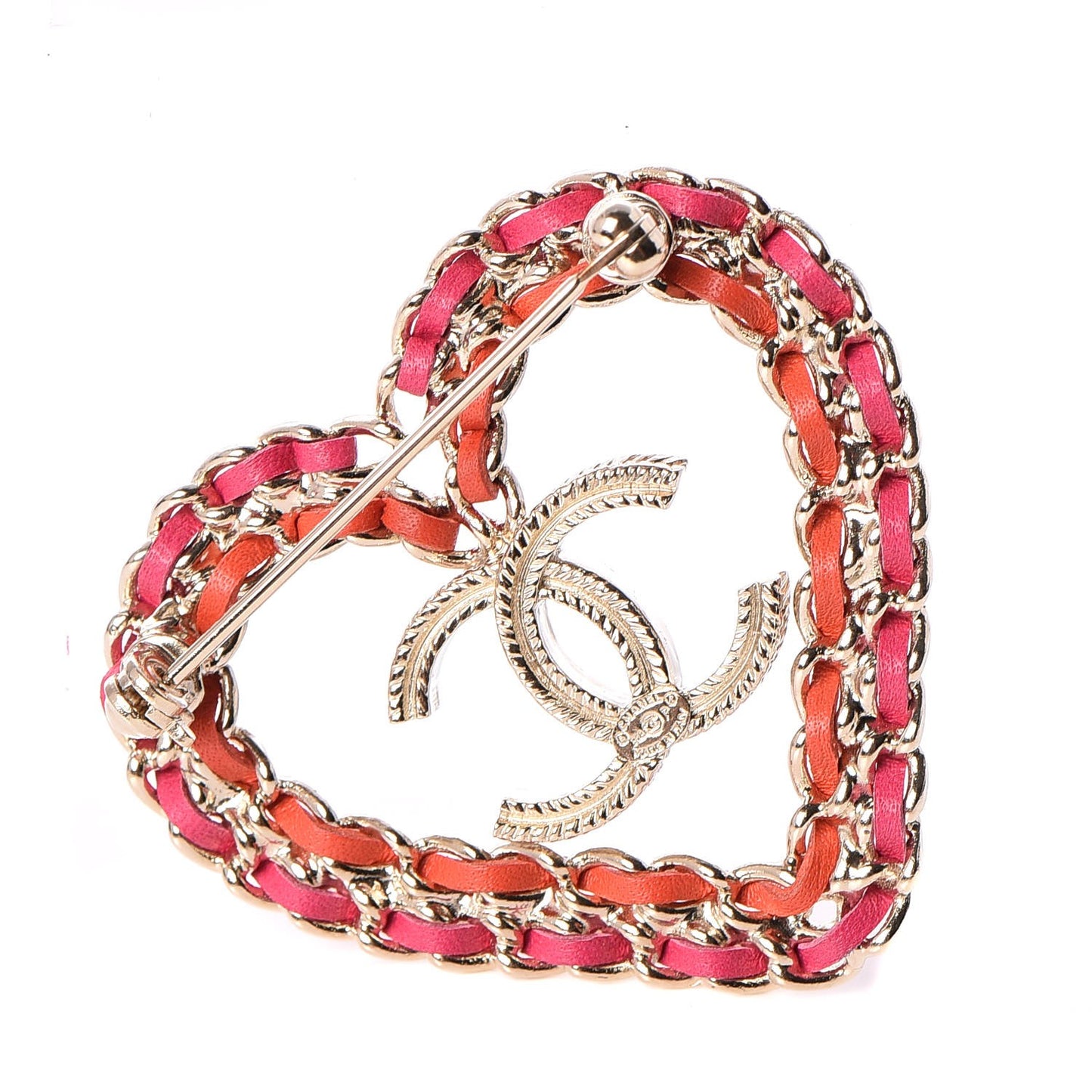 Metal Calfskin Braided Heart CC Brooch Pink Red Gold