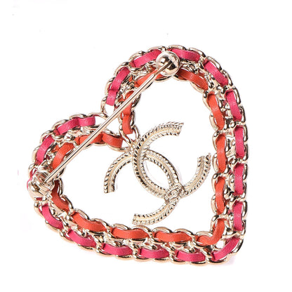 Chanel Metal Calfskin Braided Heart CC Brooch Pink Red Gold 3 of 5