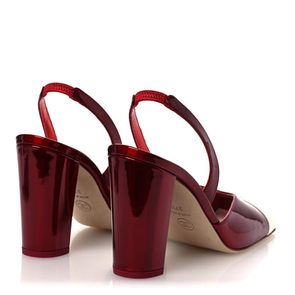 Chanel Laminated Calfskin Lambskin Cap Toe CC Slingback Pumps 37.5 Red Ivory 5 of 11