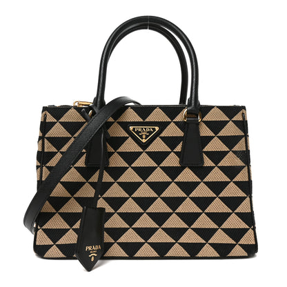 Prada Jacquard Saffiano Triangolo Symbole Embroidered Small Galleria Double Zip Tote Black Corda 1 of 9