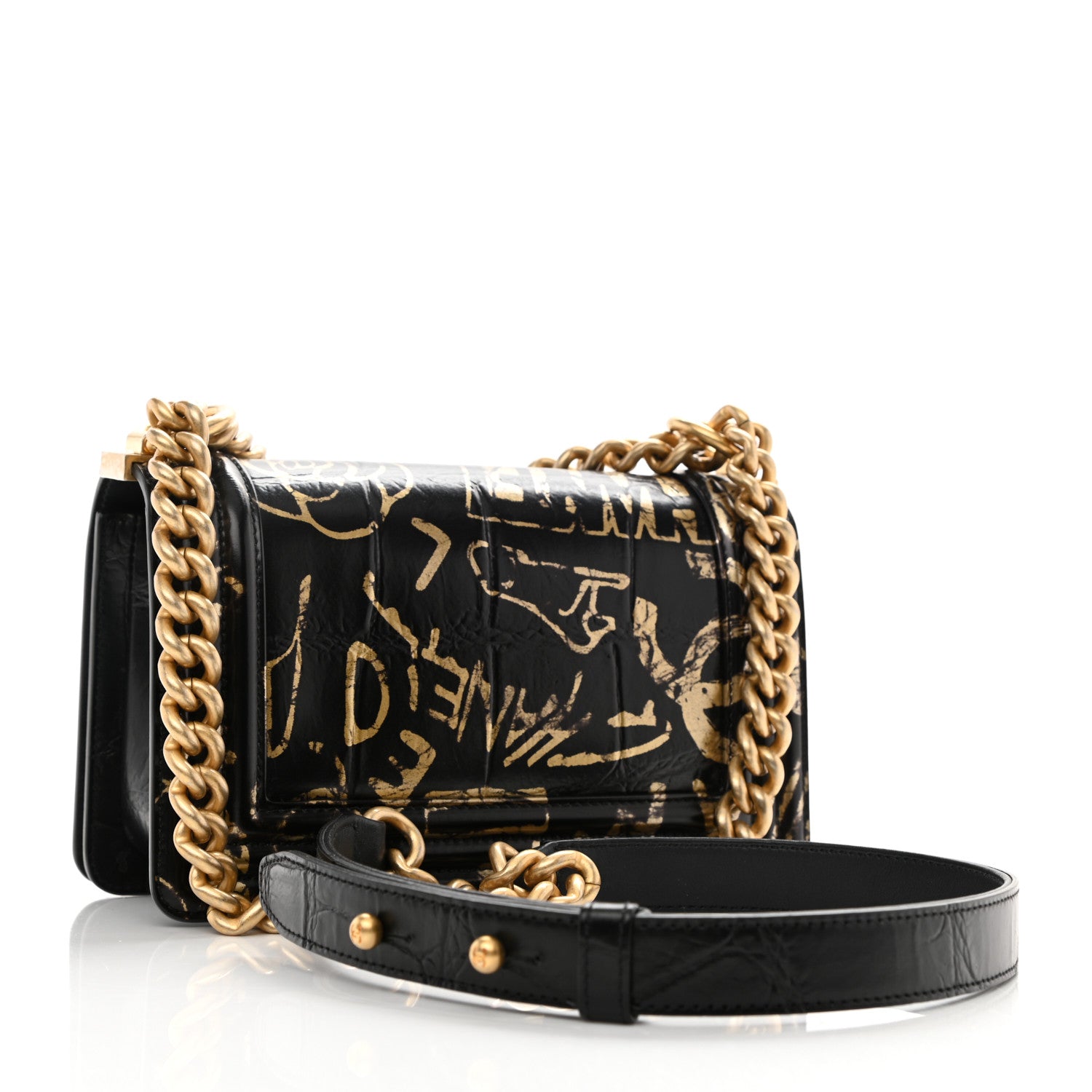 Chanel Calfskin Crocodile Embossed Graffiti Cocodile Small Boy Flap Black Gold 3 of 9