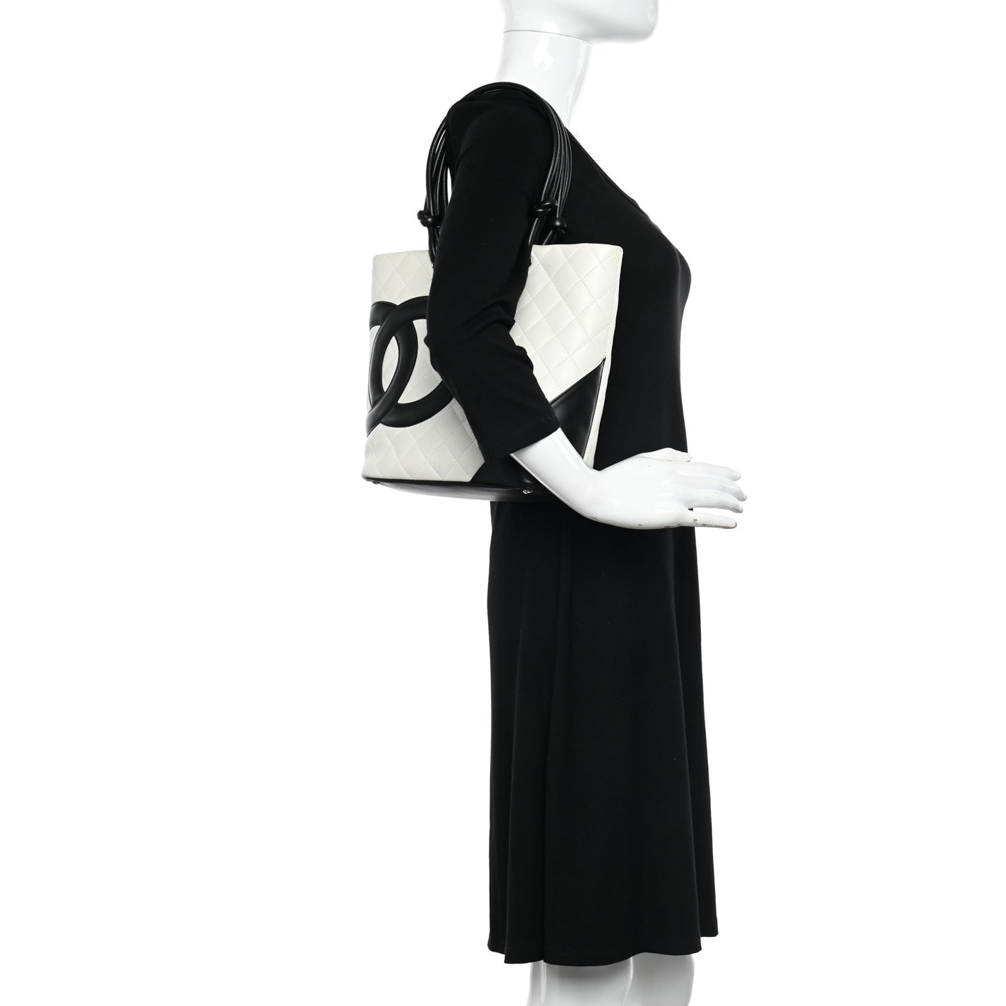 Calfskin Quilted Medium Cambon Tote White Black
