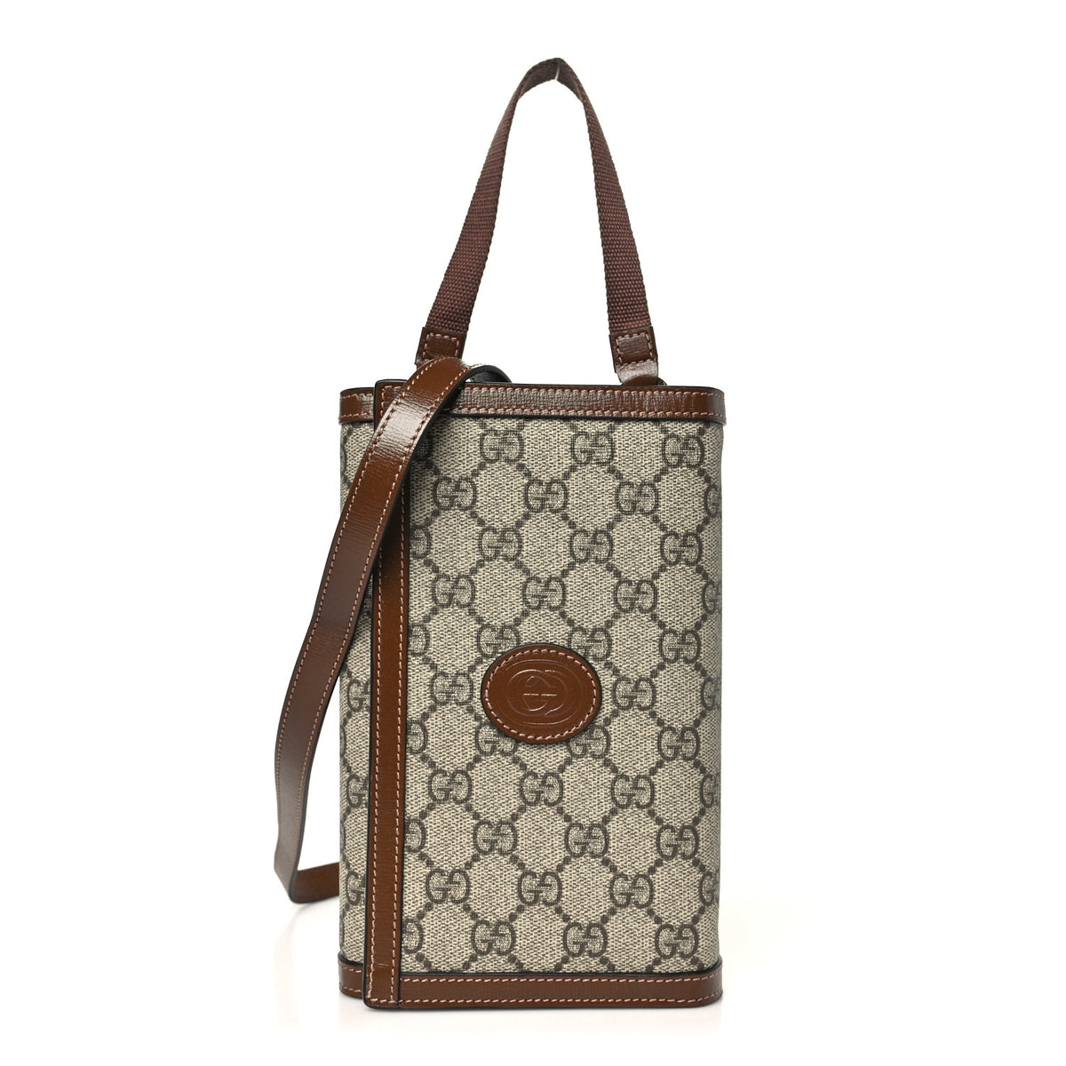 Gucci Supreme Monogram Textured Calfskin Retro Interlocking G Medium Wallet On Strap Beige Ebony Brown Sugar 1 of 10