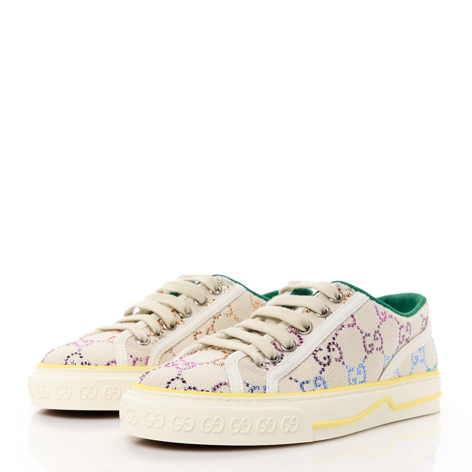 Gucci Canvas Lame Crystal GG Monogram Womens 1977 Tennis Sneakers 35.5 Gardenia Silver Mystic White 3 of 8