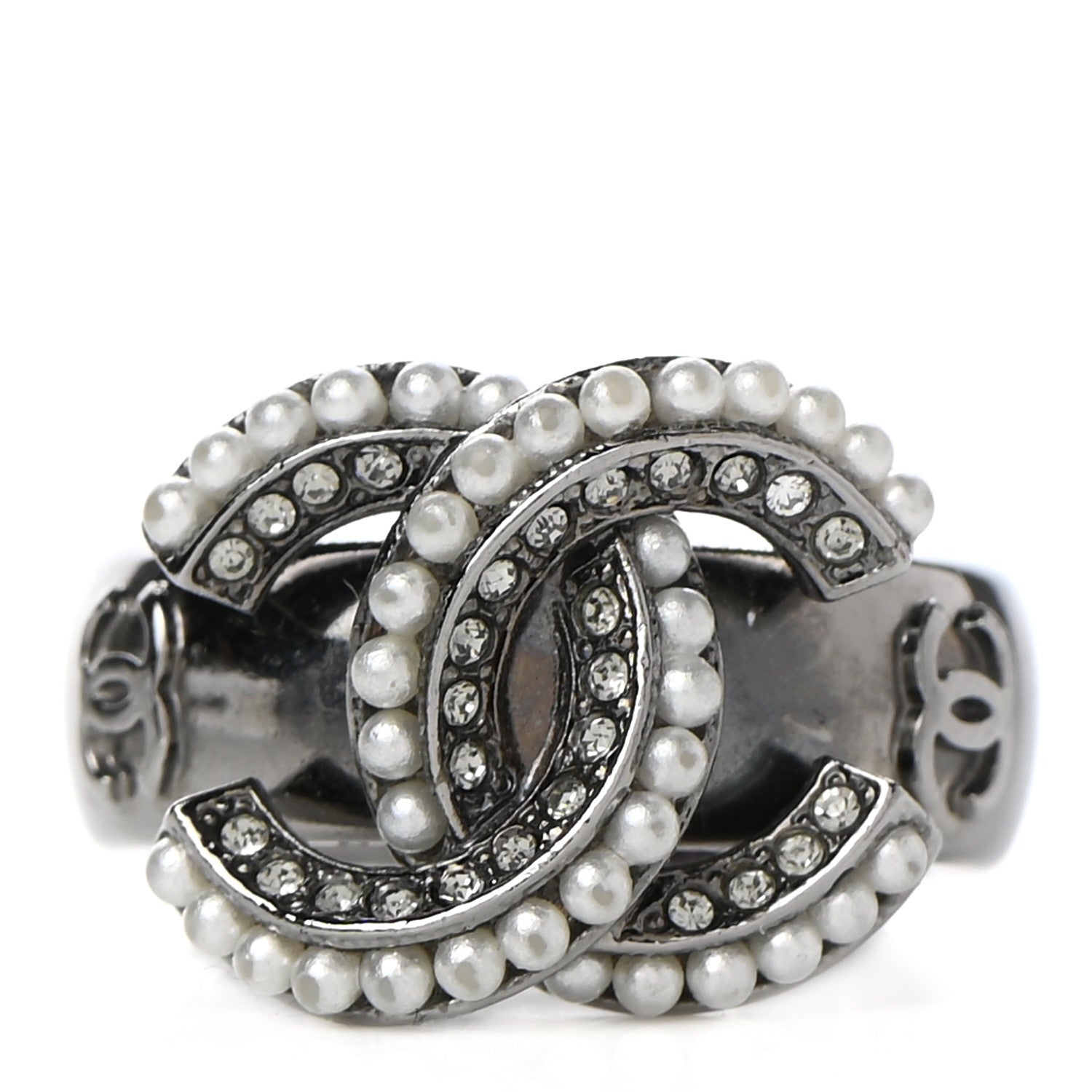 Chanel Crystal Pearl CC Ring 6.5 Silver 1 of 6