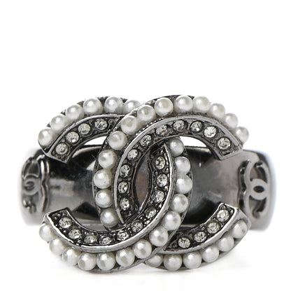 Chanel Crystal Pearl CC Ring 6.5 Silver 1 of 6
