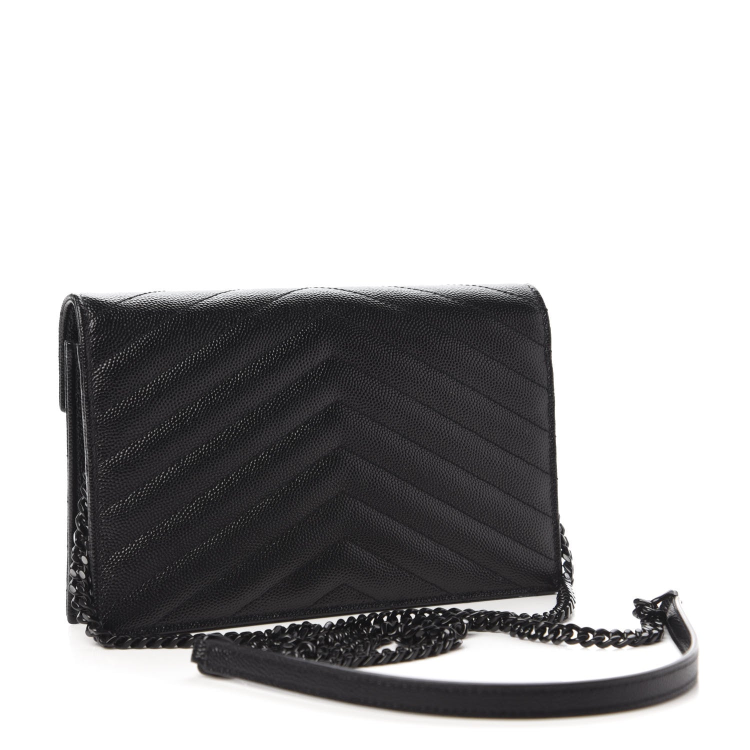 Saint Laurent Grain De Poudre Matelasse Chevron Monogram Envelope Chain Wallet Black 3 of 10