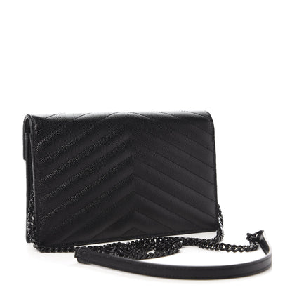Saint Laurent Grain De Poudre Matelasse Chevron Monogram Envelope Chain Wallet Black 3 of 10