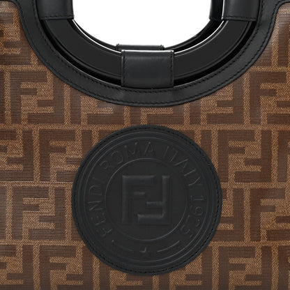 Fendi Glazed Fabric Vitello Century Plexiglass FF 1974 Stamp Patch Small Runaway Shopper Tote Mogano Panna Black 8 of 10