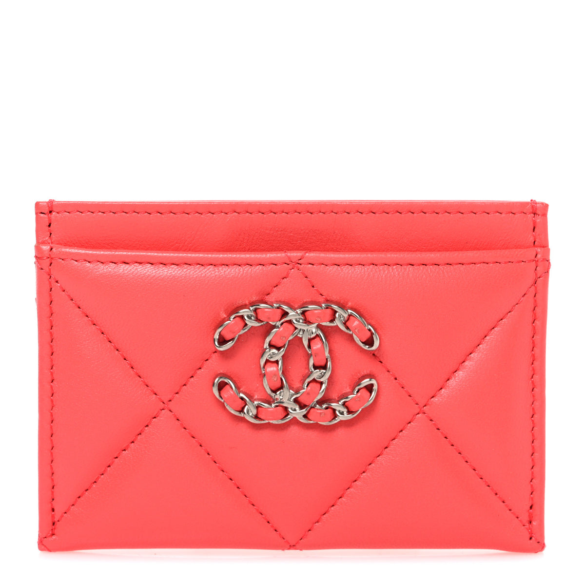 Lambskin Quilted Chanel 19 Card Holder Coral